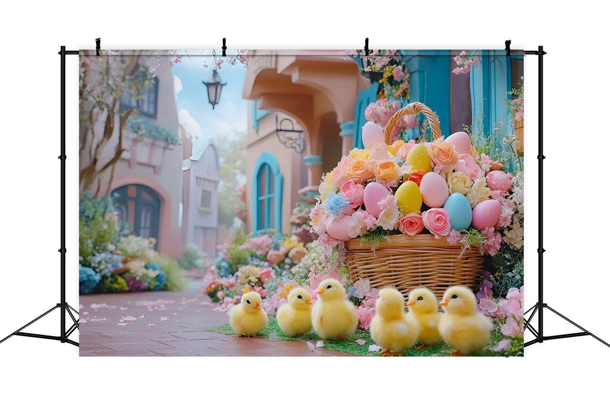 Fotohintergrund Ostern Niedliche Entenküken Frühlingsblumen Hintergrund CSH2-30
