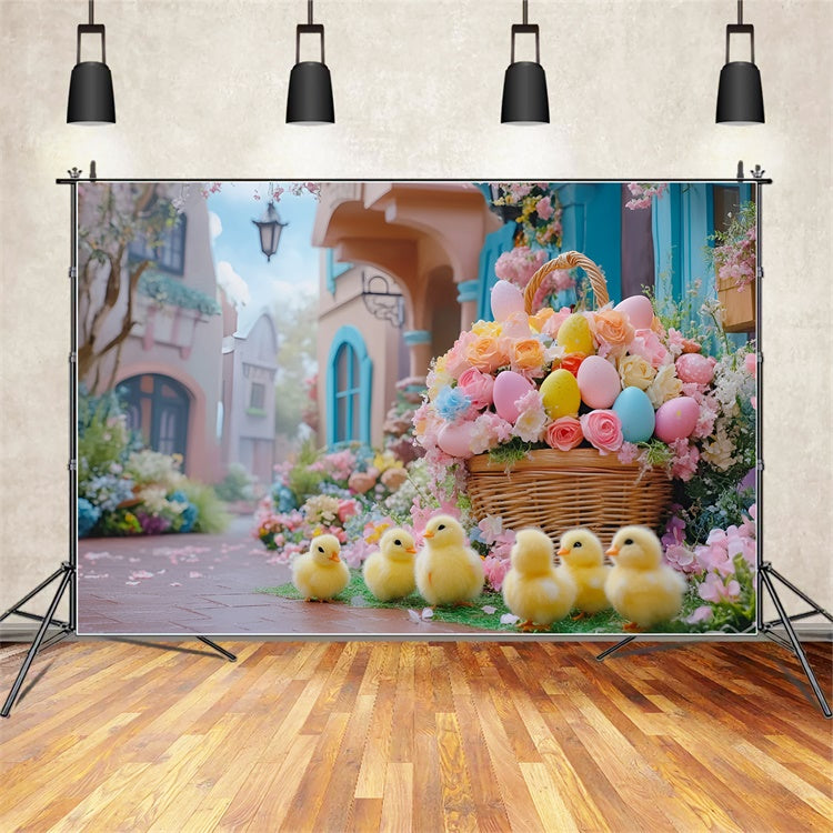 Fotohintergrund Ostern Niedliche Entenküken Frühlingsblumen Hintergrund CSH2-30