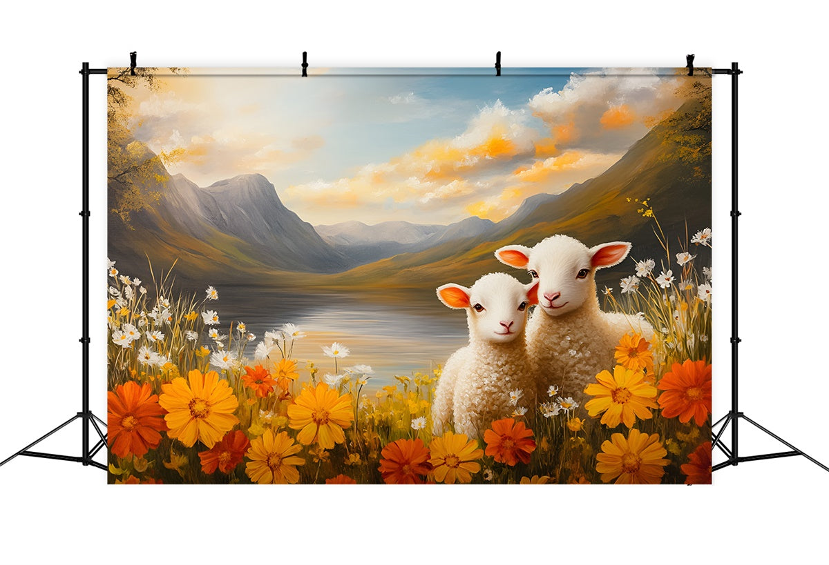 Ostern Fotohintergründe Adorable Lämmer Bergblick Hintergrund CSH2-31