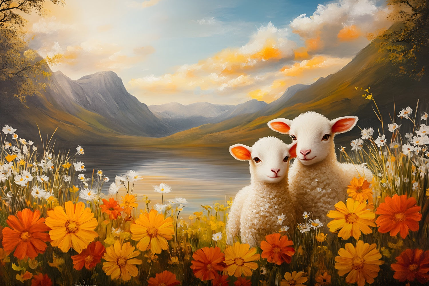 Ostern Fotohintergründe Adorable Lämmer Bergblick Hintergrund CSH2-31