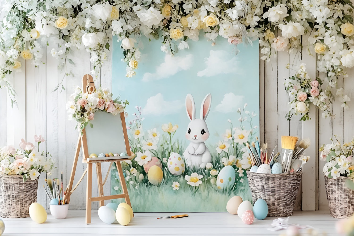 Foto-Hintergrundbilder Ostern Niedlicher Hase Blumen Eier Hintergrund CSH2-40