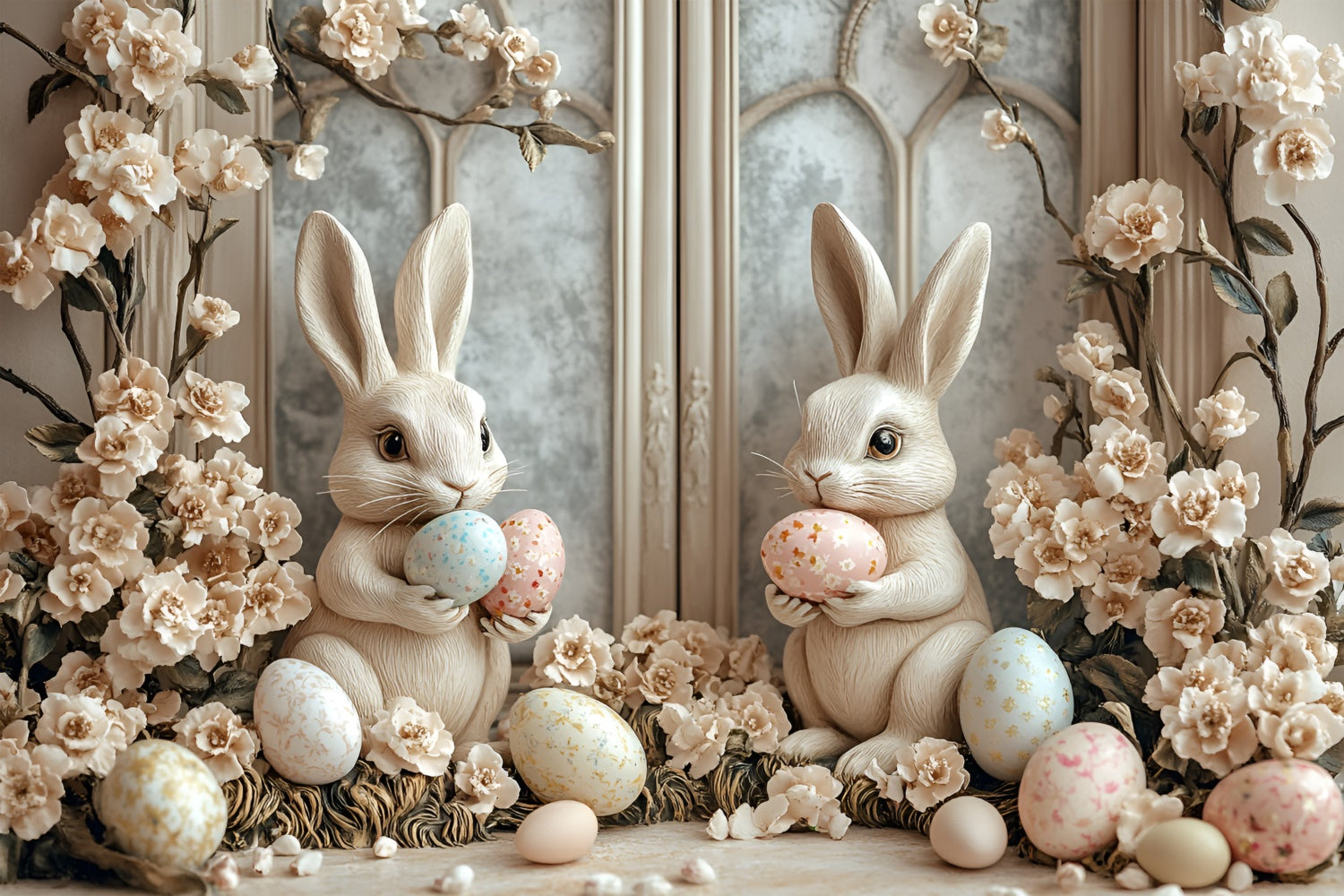 Ostern Fotokulissen Soft Beige Floral Bunny Backdrop CSH2-58
