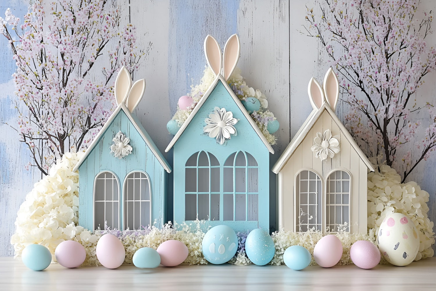 Fotohintergrund für Ostern Pastell Bunny House Floral Backdrop CSH2-63