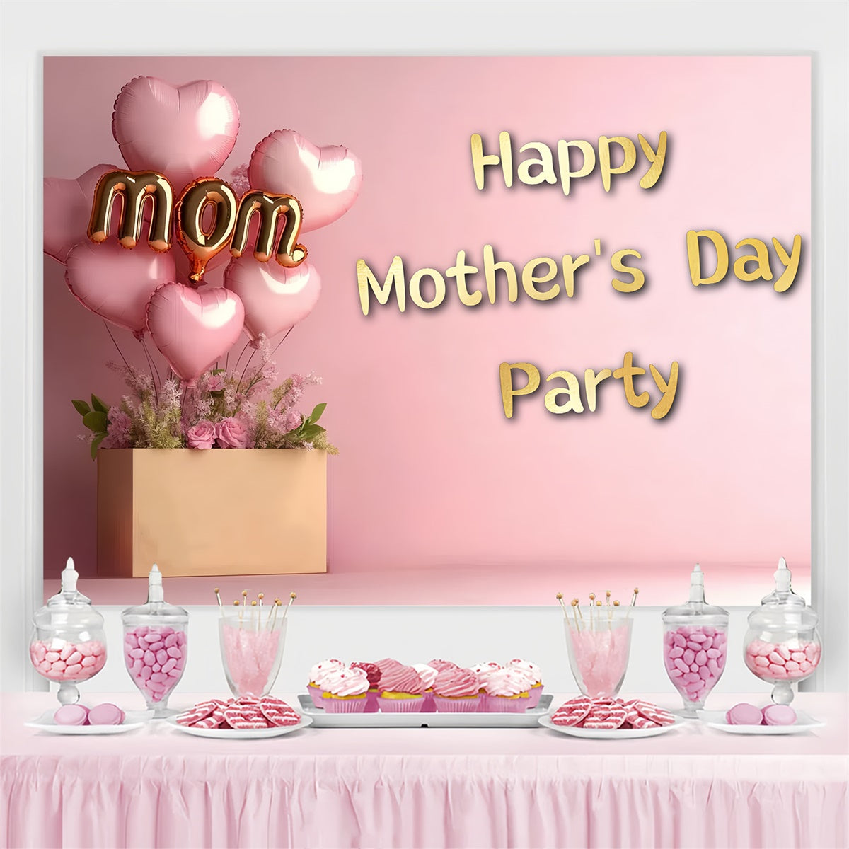 Muttertags-Hintergrundbild mit Herzballon und rosa Blumen CSH3-103