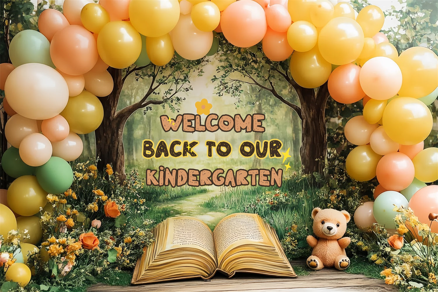 Back To School Backdrop Sunny Meadow Kindergarten Ballon Backdrop CSH3-35