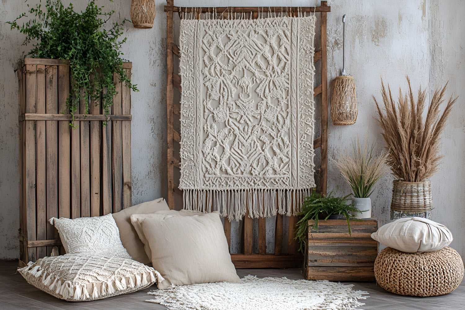 Boho Backdrop Ideen Makramee Wand Holzkisten Backdrop CSH4-135