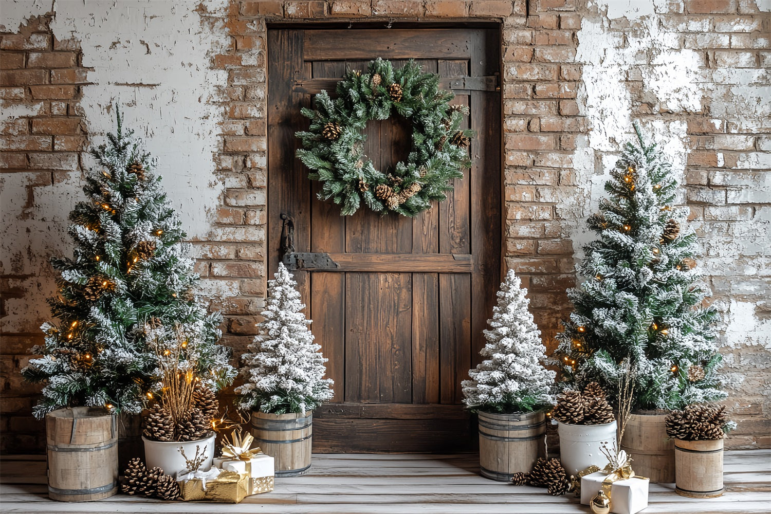 Scheune Backdrops Weihnachten Backstein Kiefer Kranz Backdrop CSH4-221