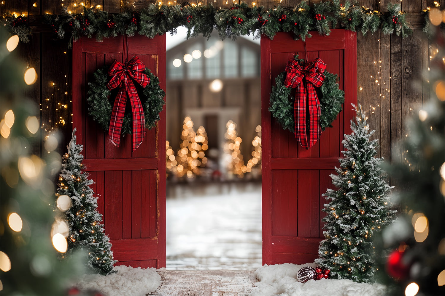 Rote Scheune Backdrop Weihnachten Eingang Bow Wreath Backdrop CSH4-223