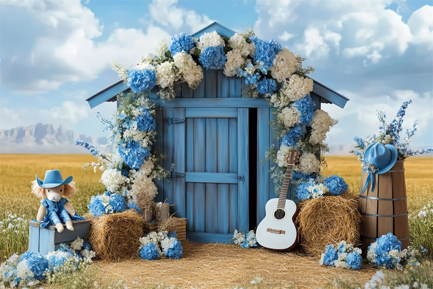 Scheune Fotohintergrund Blau Floral Landleben Hintergrund CSH4-231
