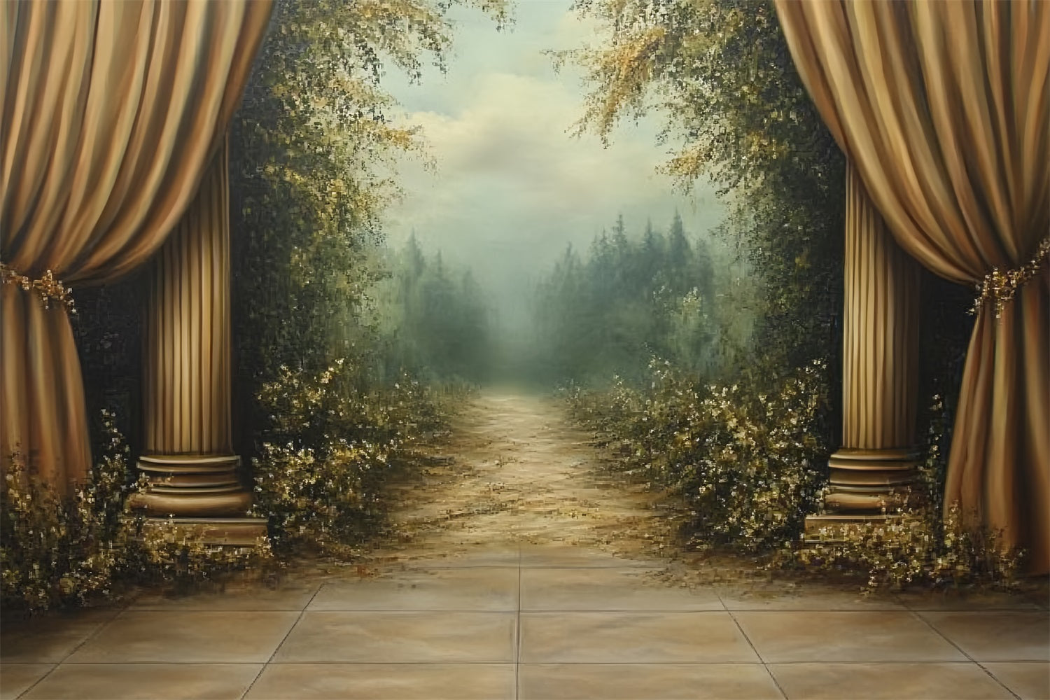 Victorian Backdrop Goldene Vorhänge Forest Pathway Vintage Backdrop CSH4-269