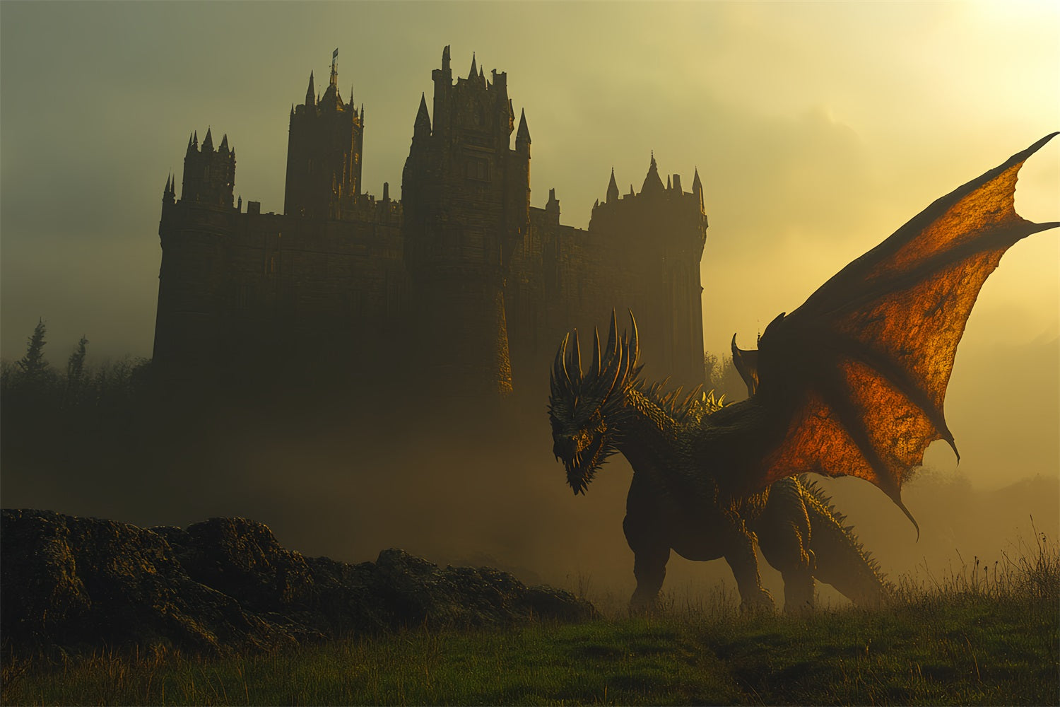 Schloss Fotohintergrund Fliegender Drache Kampf Hintergrund CSH4-340