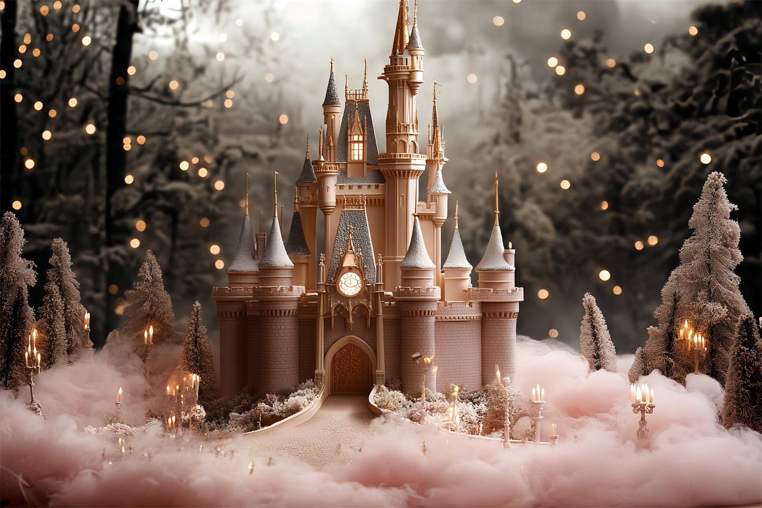 Winterliche Schloss-Hintergrundkulisse Dreamland Wald Illumination Hintergrund CSH4-351