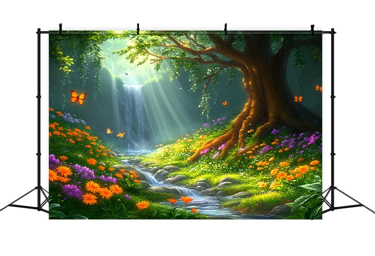 Sommer-Fotohintergrund Sonniger Wasserfall Wiese Hintergrund CSH5-90