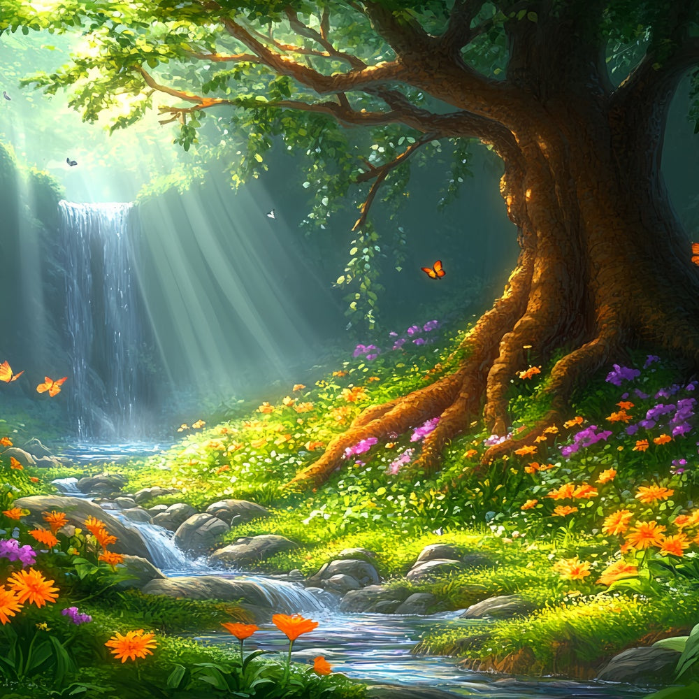 Sommer-Fotohintergrund Sonniger Wasserfall Wiese Hintergrund CSH5-90