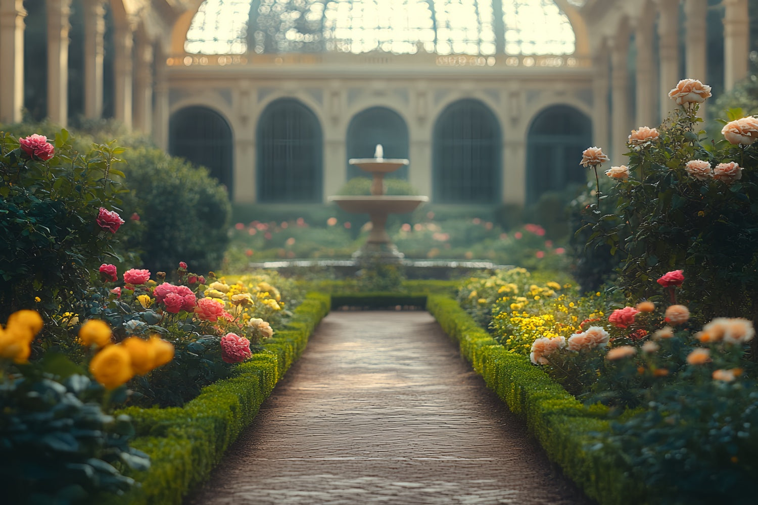 Vintage Fotokulissen Brunnen Blüte Garten Hintergrund CSH57-119
