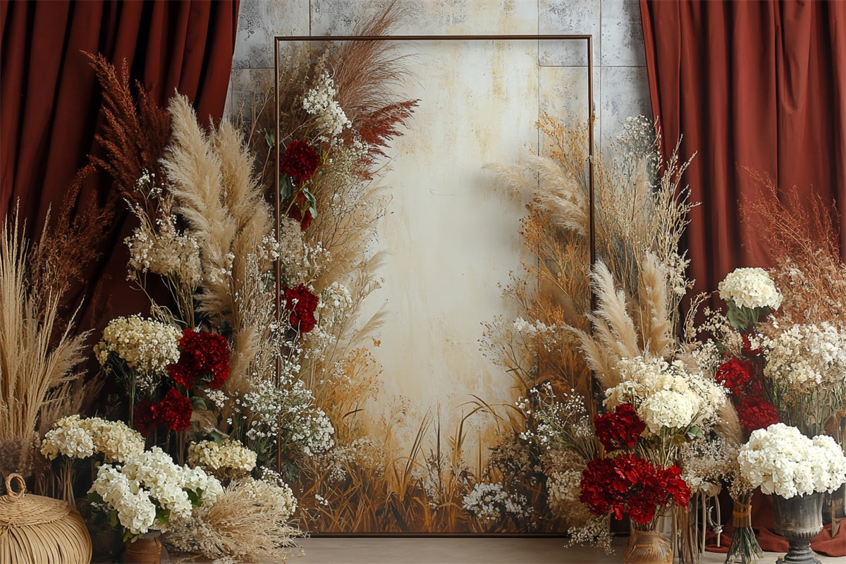 Boho Backdrop Rustikaler roter Vorhang Floraler Foto Hintergrund CSH57-298