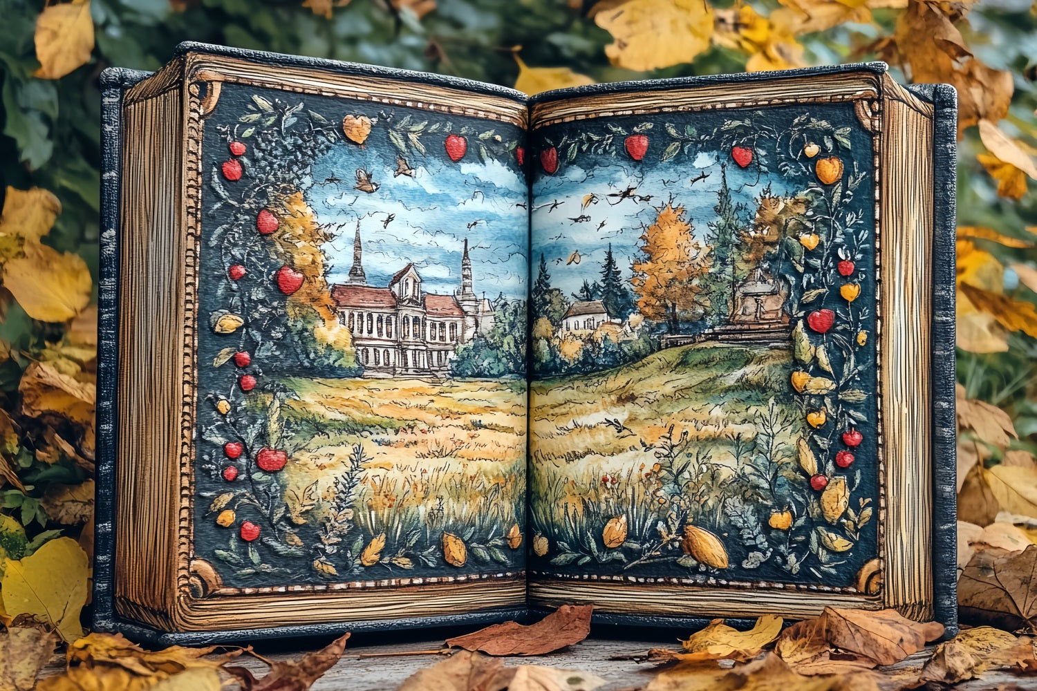 Buch Studio Hintergrund Herbst Märchenbuch Illustrierte Landschaft Schule Foto Foto Hintergrund CSH58-114