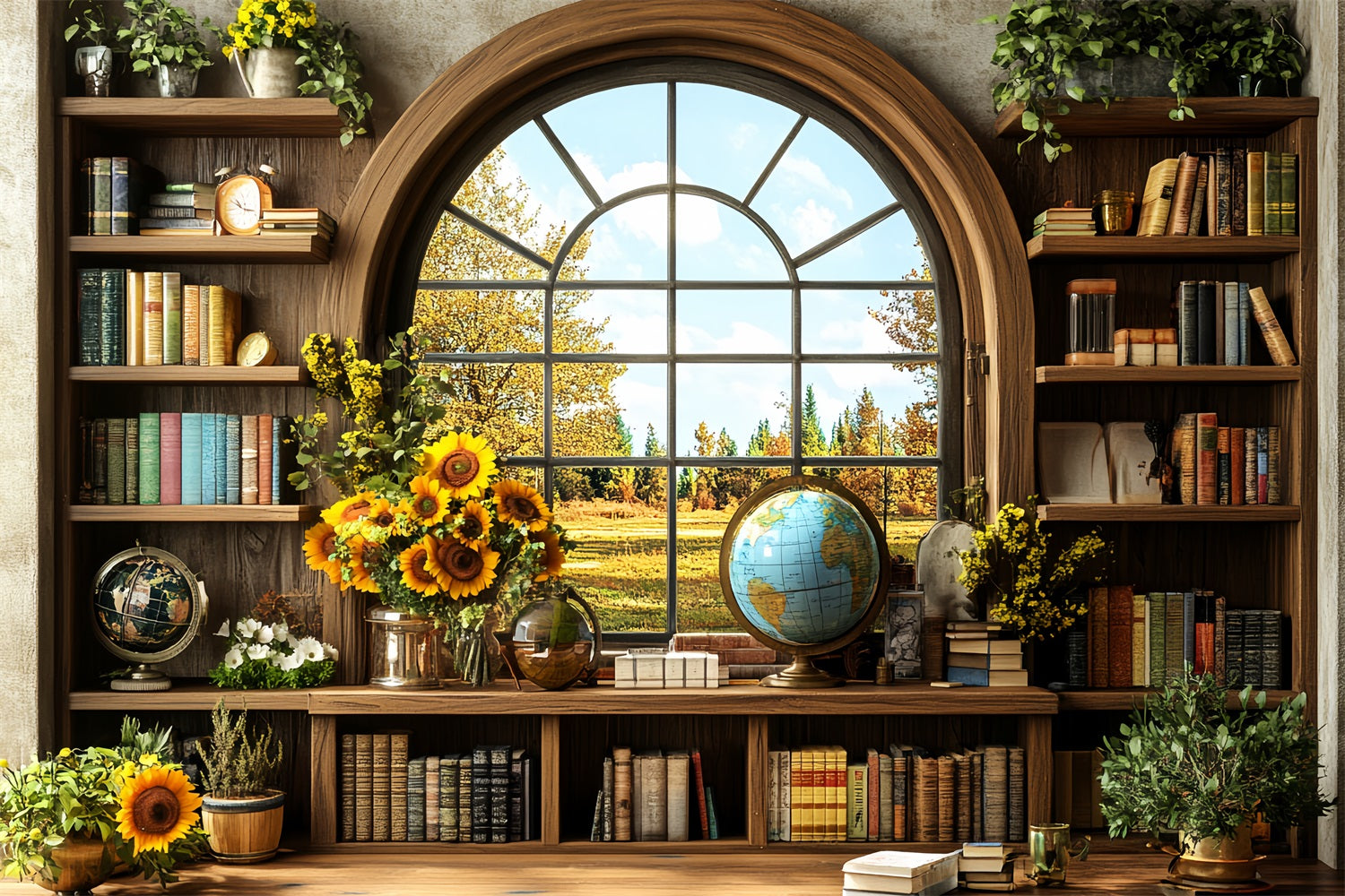 Bücherregal Studio Hintergrund Sonnenblume Bibliothek Herbst Fenster Schule Bild Foto Hintergrund CSH58-117