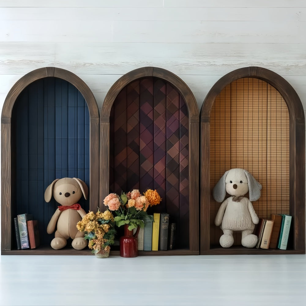Bücherregal Studio Hintergrund Gewölbtes Regal Plüschtiere Bücher Back to School Studio Hintergrund CSH58-121
