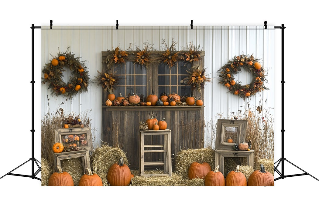 Thanksgiving Foto Hintergrund Kürbis-Kranz Rustikaler Scheunen Foto Hintergrund für Thanksgiving CSH58-122