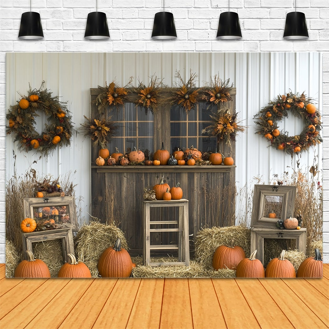 Thanksgiving Foto Hintergrund Kürbis-Kranz Rustikaler Scheunen Foto Hintergrund für Thanksgiving CSH58-122