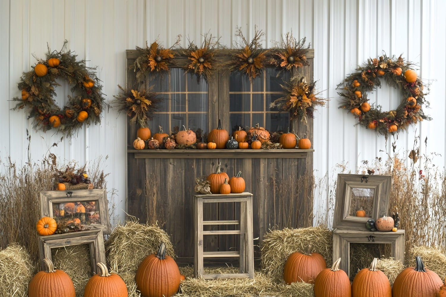 Thanksgiving Foto Hintergrund Kürbis-Kranz Rustikaler Scheunen Foto Hintergrund für Thanksgiving CSH58-122