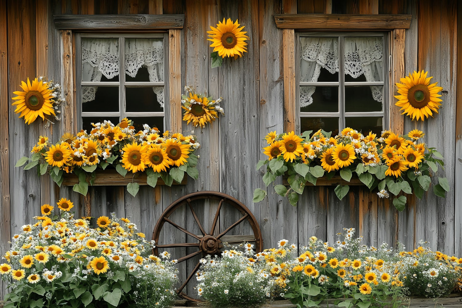 Sonnenblumen Foto Hintergrund Rustikales Cottage-Fenster Blüte Thanksgiving Foto Hintergrund CSH58-128
