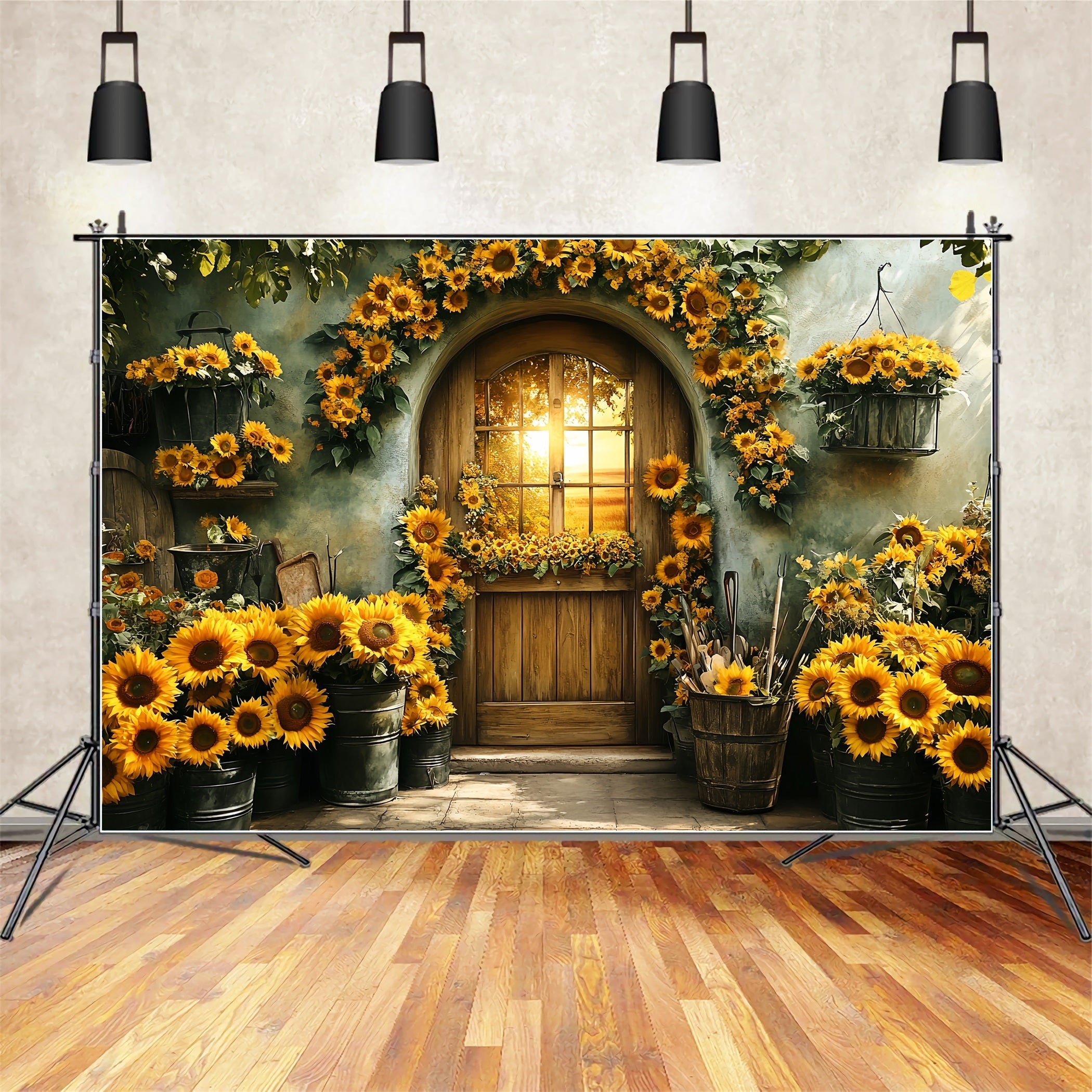 Sonnenblumen Foto Hintergrund Garten Holztür Sonnenuntergang Foto Hintergrund für Thanksgiving CSH58-129