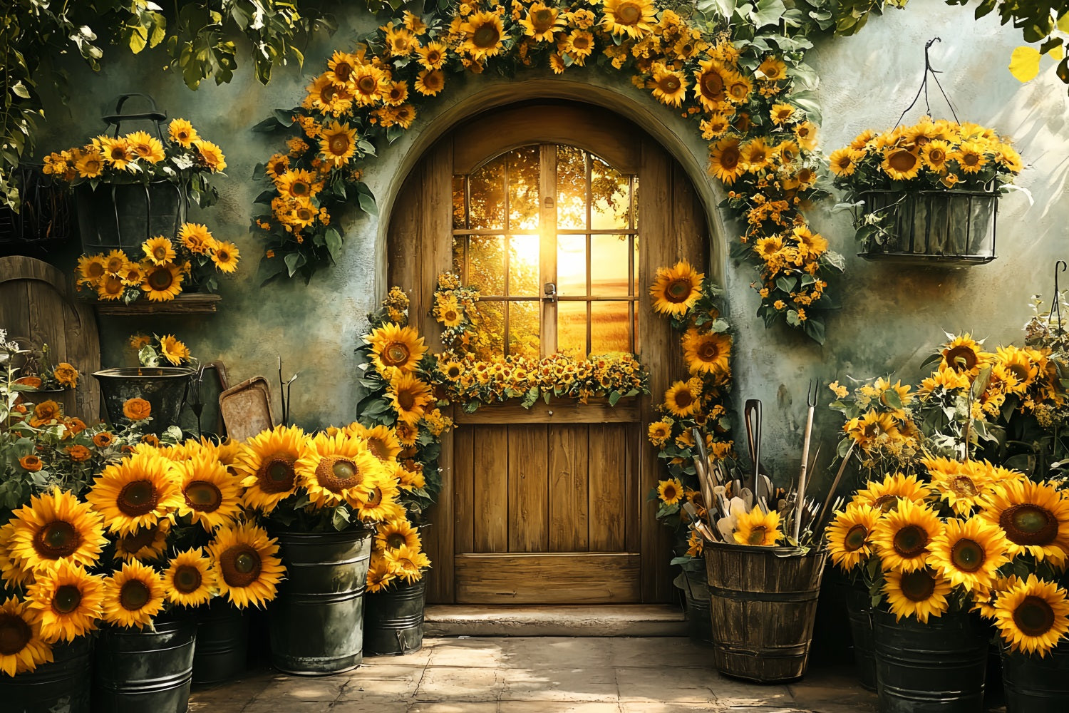 Sonnenblumen Foto Hintergrund Garten Holztür Sonnenuntergang Foto Hintergrund für Thanksgiving CSH58-129