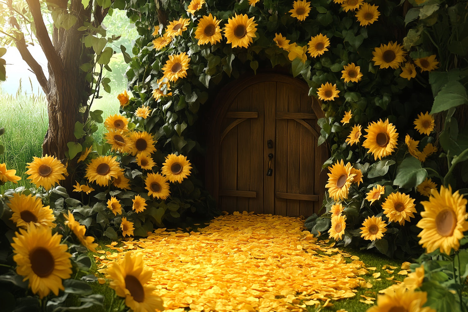 Sonnenblumen Foto Hintergrund, Hüttentür, Blütenblätterweg, Happy Thanksgiving Foto Hintergrund CSH58-130