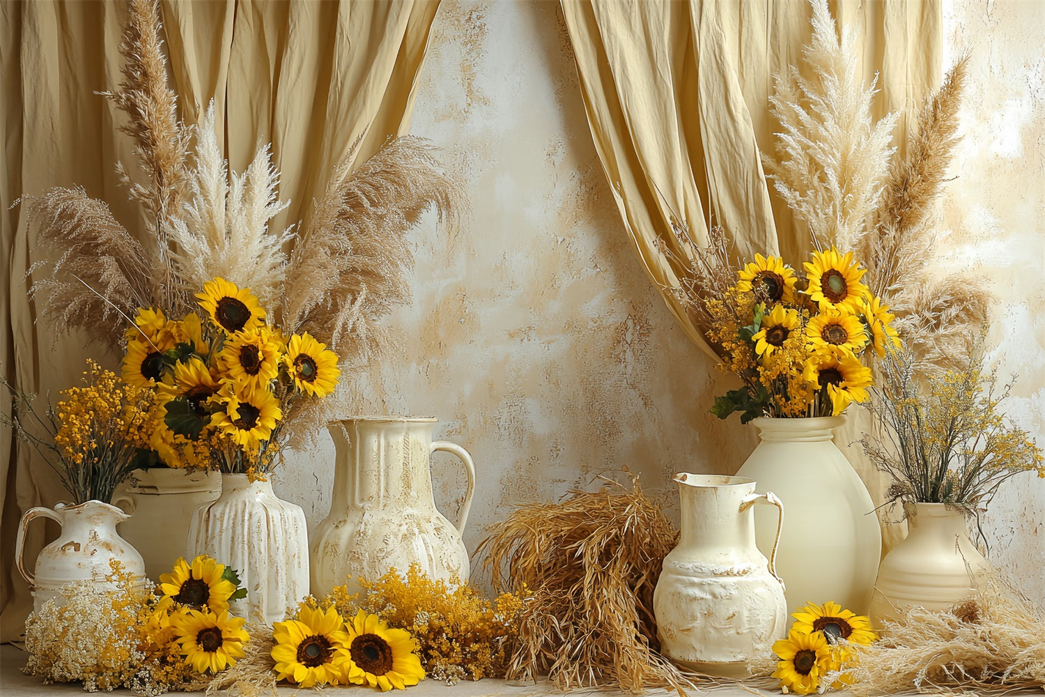 Sonnenblumen Foto Hintergrund, Boho-rustikales Vasenarrangement, Thanksgiving Foto Hintergrund CSH58-131