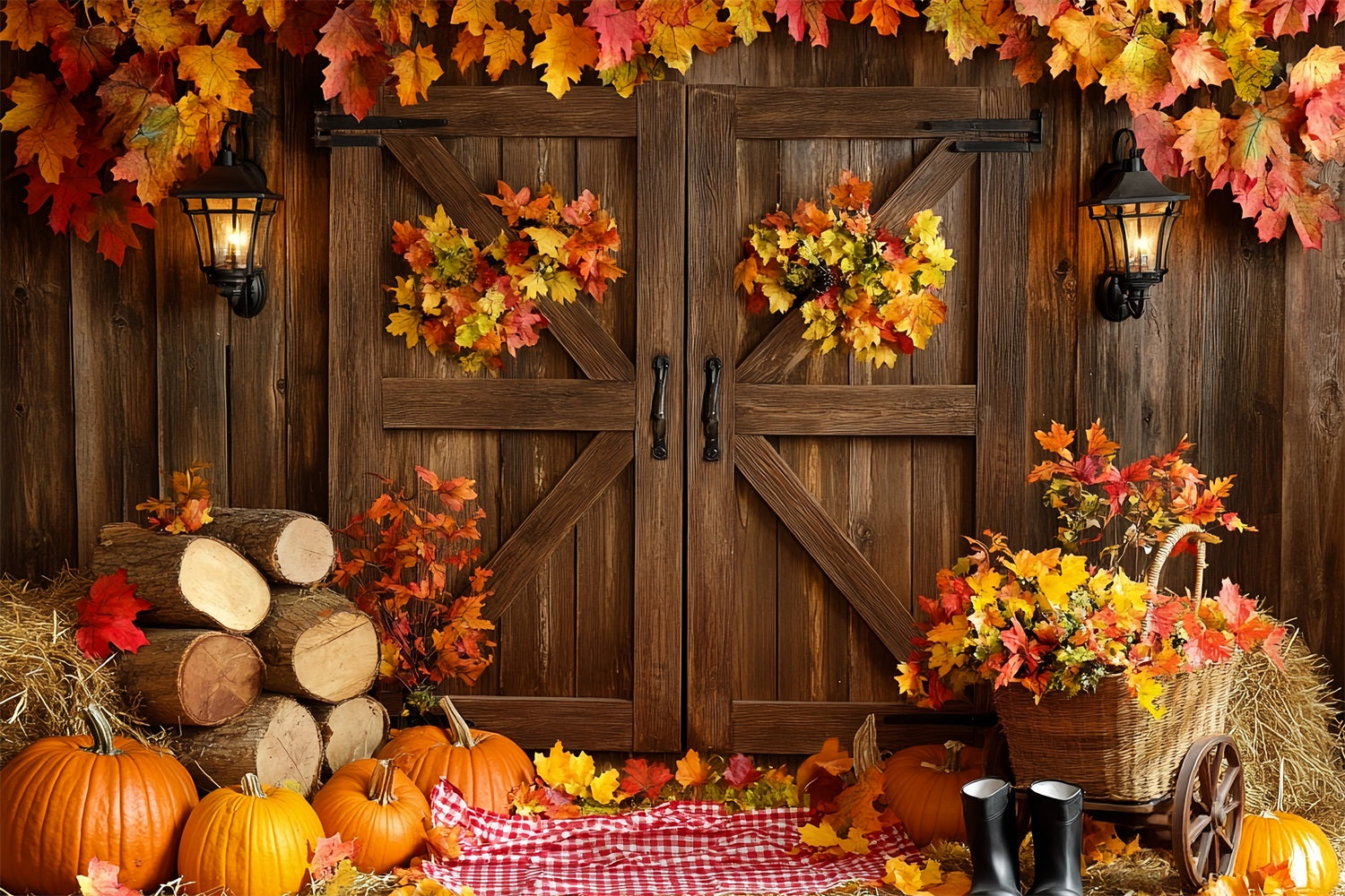 Rustikaler Foto Hintergrund Scheunentor Herbstblätter Thanksgiving-Bild Foto Hintergrund CSH58-137