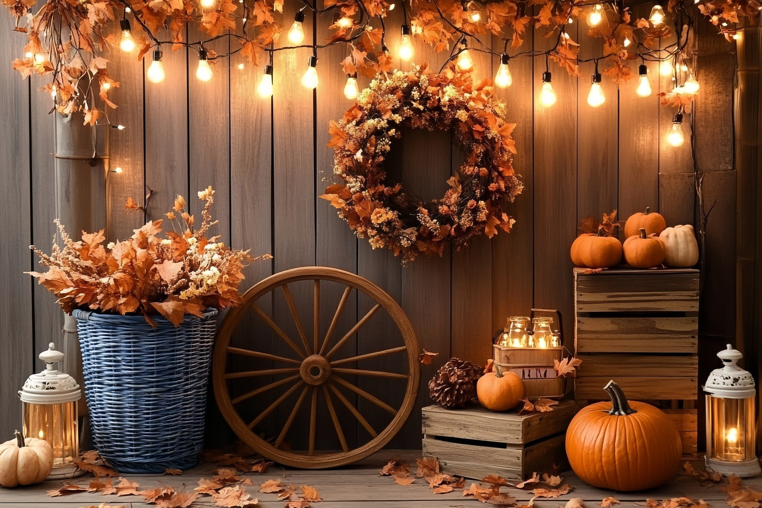 Rustikaler Foto Hintergrund Herbstkranz Kürbislaternen Thanksgiving Foto Hintergrund CSH58-138