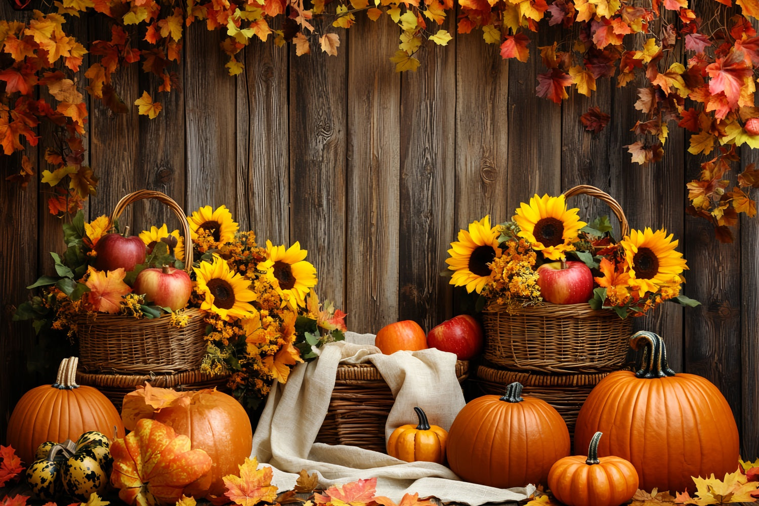 Rustikaler Foto Hintergrund Sonnenblumen Apfelkorb Kürbisse Thanksgiving Foto Hintergrund CSH58-139