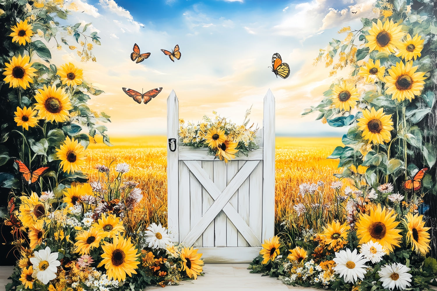 Rustikaler Foto Hintergrund Sonnenblumenwiese Weißes Tor Thanksgiving Foto Hintergrundideen CSH58-140