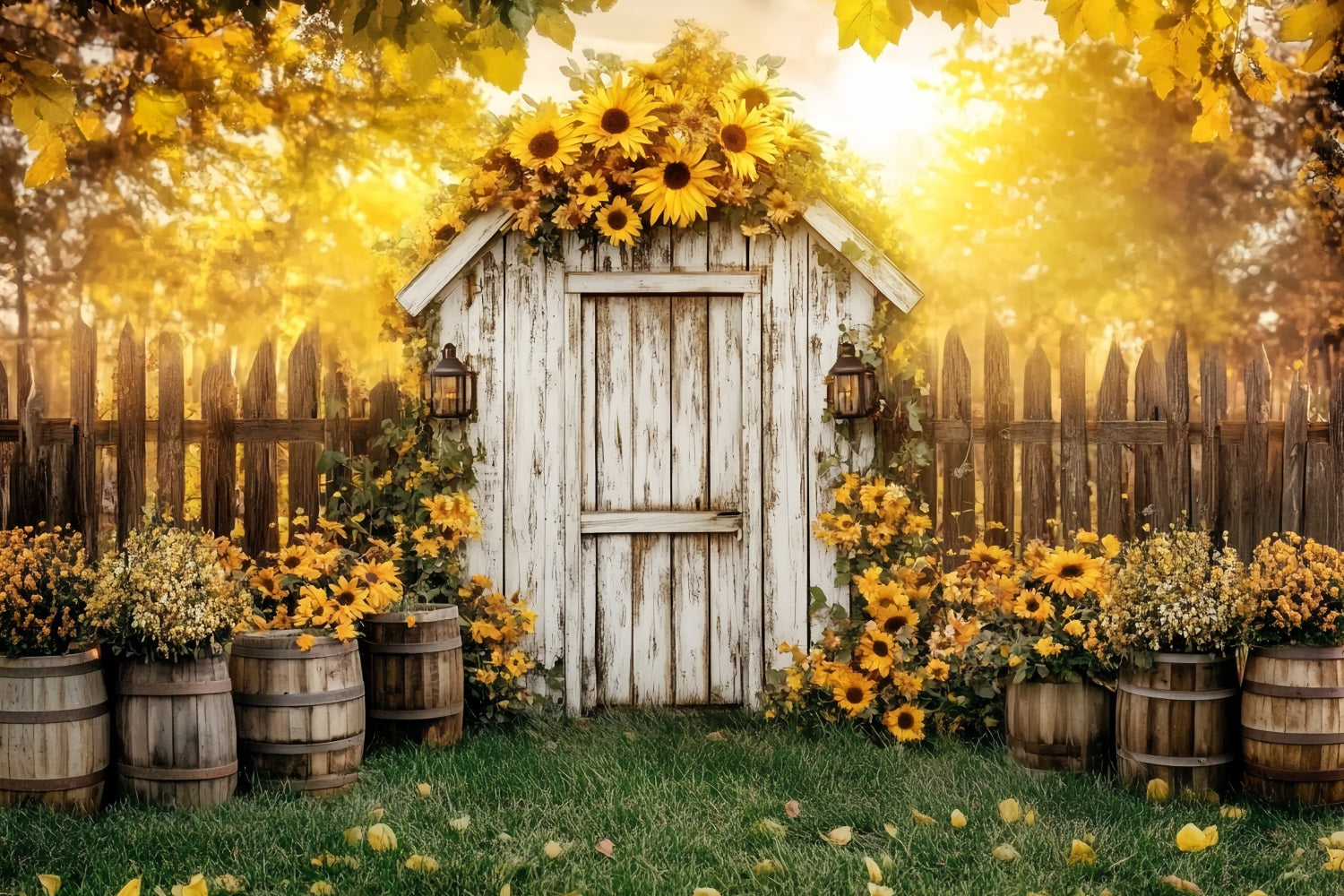 Rustikaler Foto Hintergrund Rustikaler Schuppen Sonnenblumenfässer Foto Hintergrund für Thanksgiving CSH58-141