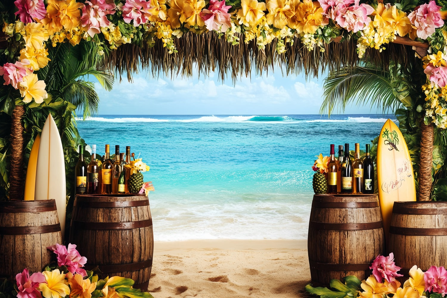 Sommer-Ozean-Hintergrund Tropisches Surfbrett Tiki-Bar Sommer Studio Hintergründe CSH58-213