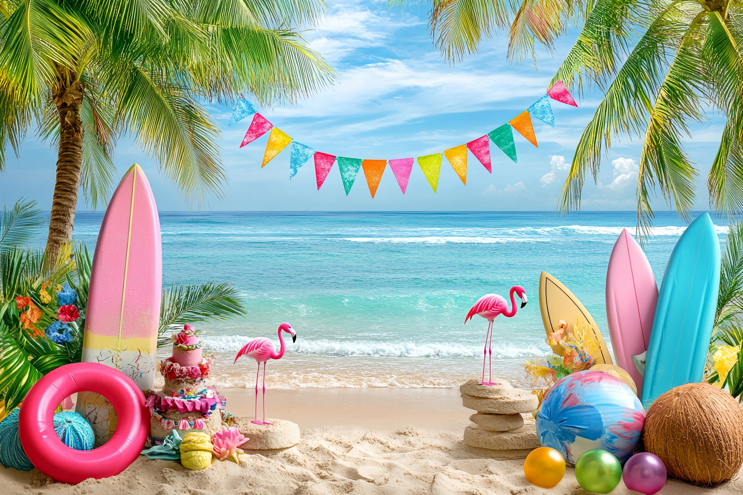 Sommer-Ozean-Hintergrund Bunter Flamingo-Strand Sommer Fotohintergrund CSH58-216