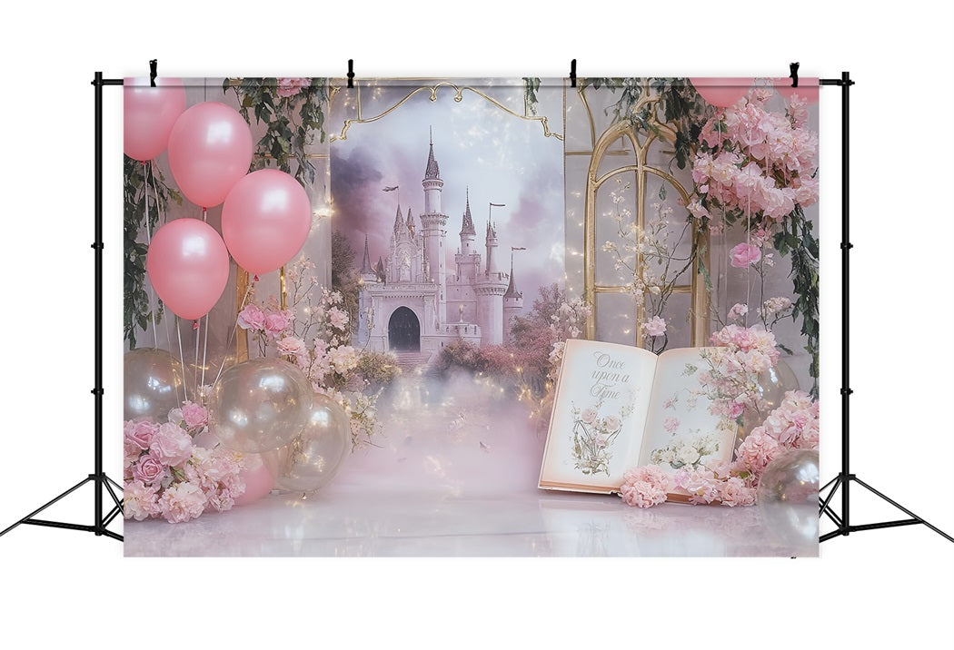 Es war einmal Fotohintergrund Rosa Schloss Ballons Traumbuch Neugeborenenhintergrund CSH58-236