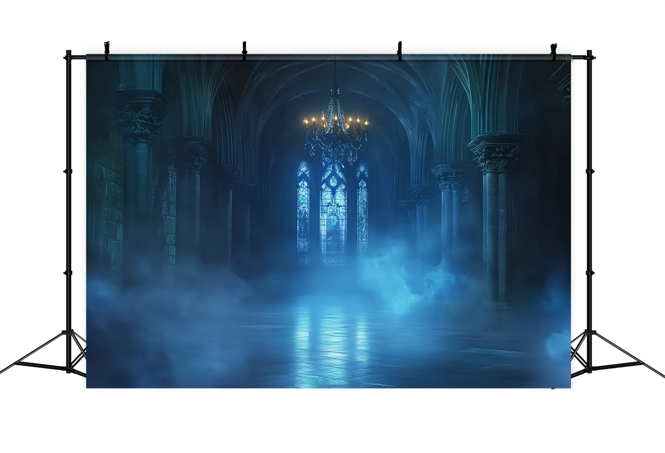 Gothic Backdrop Blauer Nebel Kathedrale Glühen Halloween Fotohintergrund CSH58-47