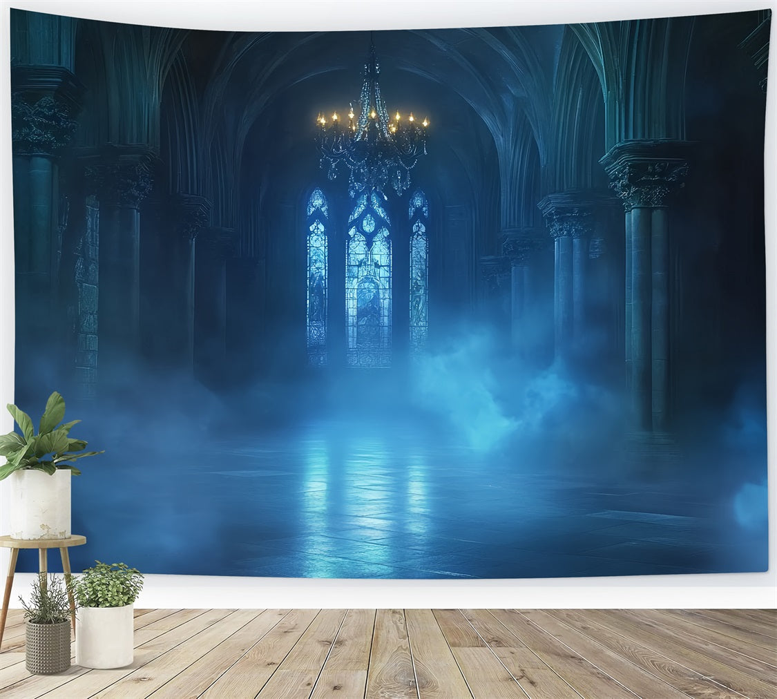 Gothic Backdrop Blauer Nebel Kathedrale Glühen Halloween Fotohintergrund CSH58-47