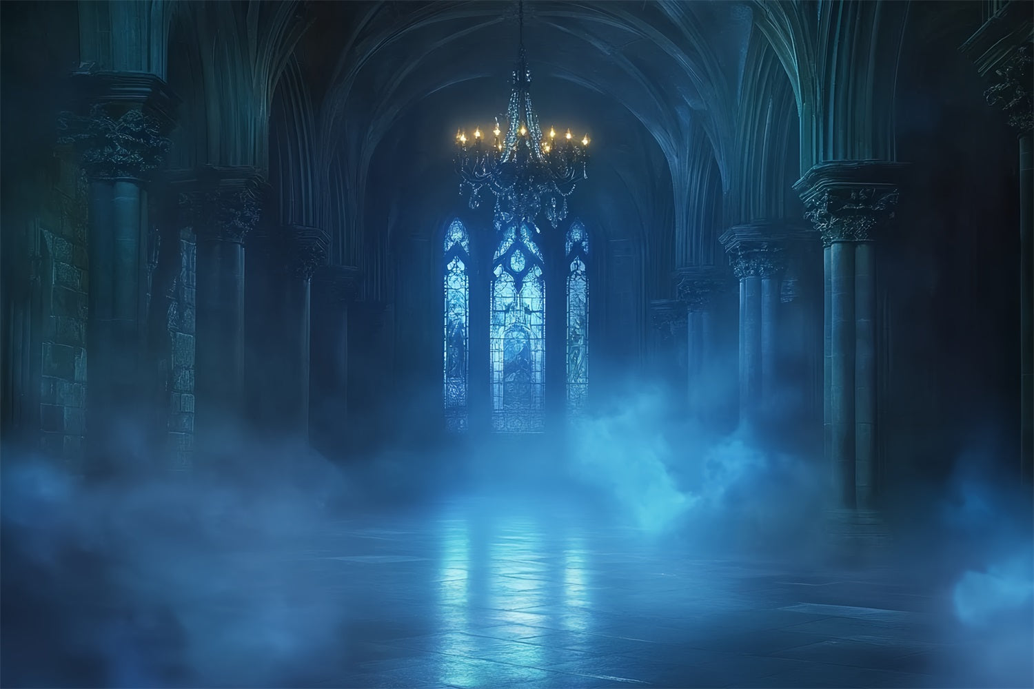 Gothic Backdrop Blauer Nebel Kathedrale Glühen Halloween Fotohintergrund CSH58-47