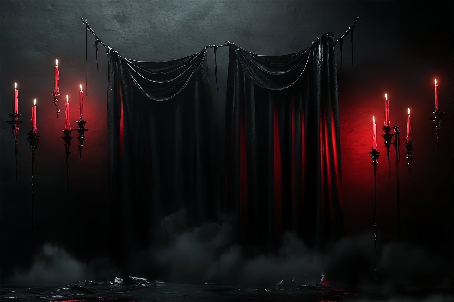 Gothic Backdrop Dunkle Vorhänge Rote Kerzen Halloween Fotohintergrund CSH58-51