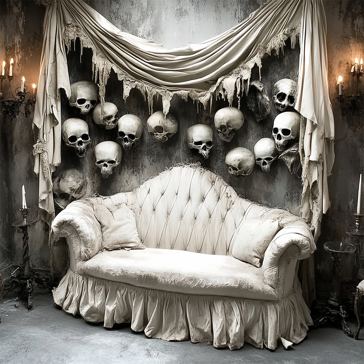Spooky Backdrop Viktorianisches Sofa Totenkopf Wand Halloween Fotografie Fotohintergrund CSH58-57
