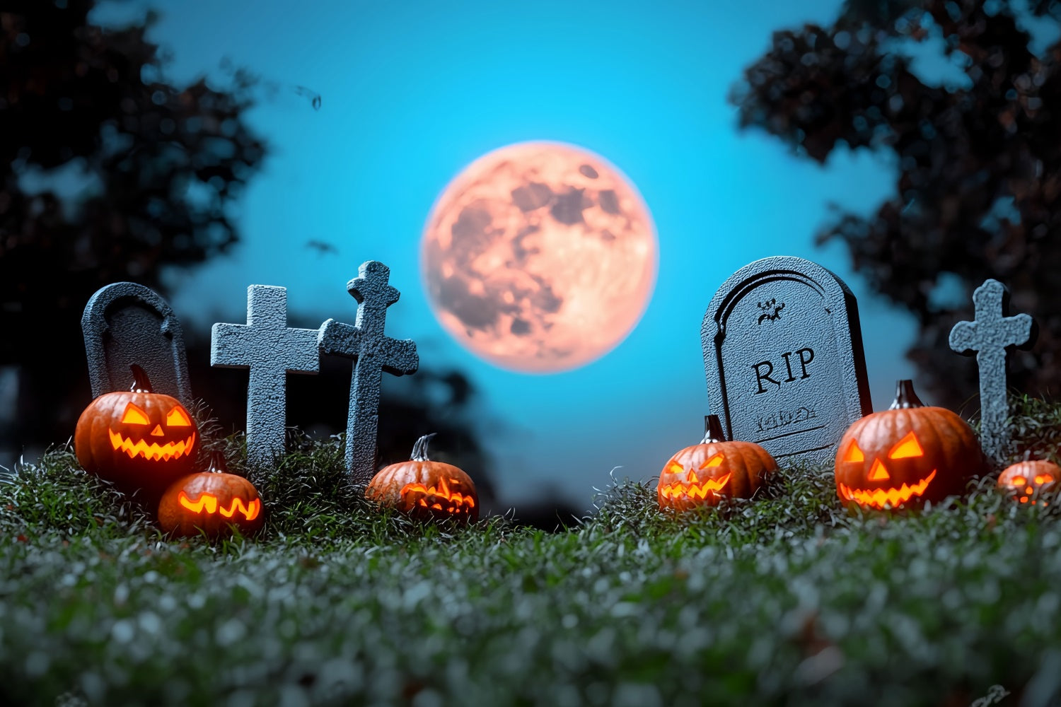 MondFotohintergrund Friedhofskürbisse Vollmond Halloween Fotokulisse CSH58-69