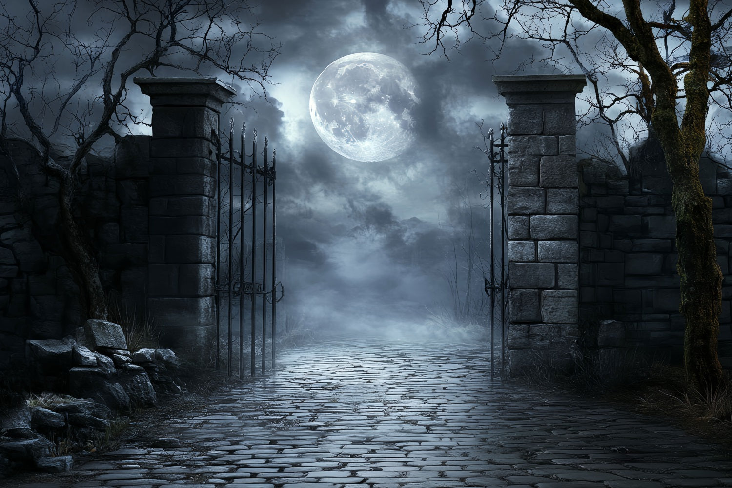 MondFotohintergrund Mondschein Friedhof Eisernes Tor Halloween Fotostand Fotohintergrund CSH58-71