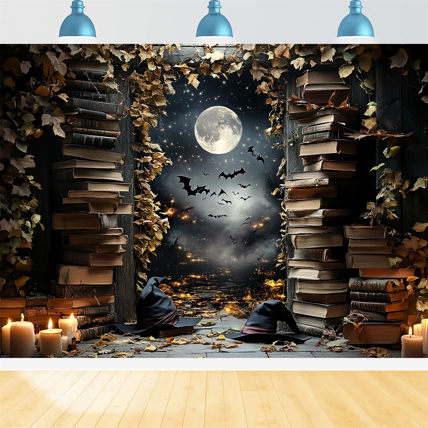 Nachthimmel Backdrop Hexenbibliothek mondbeschienene Fledermäuse Halloween Backdrop Ideen CSH58-84