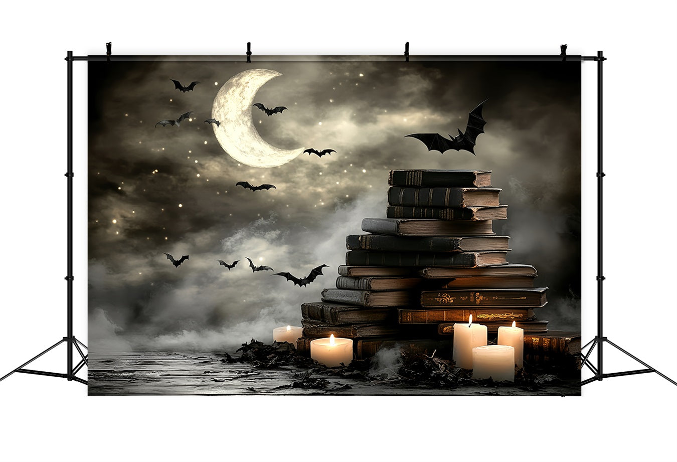 Nachthimmel-Fotohintergrund Mondsichel Fledermäuse Bücher Kerzen Halloween-Fotohintergrundbilder CSH58-86