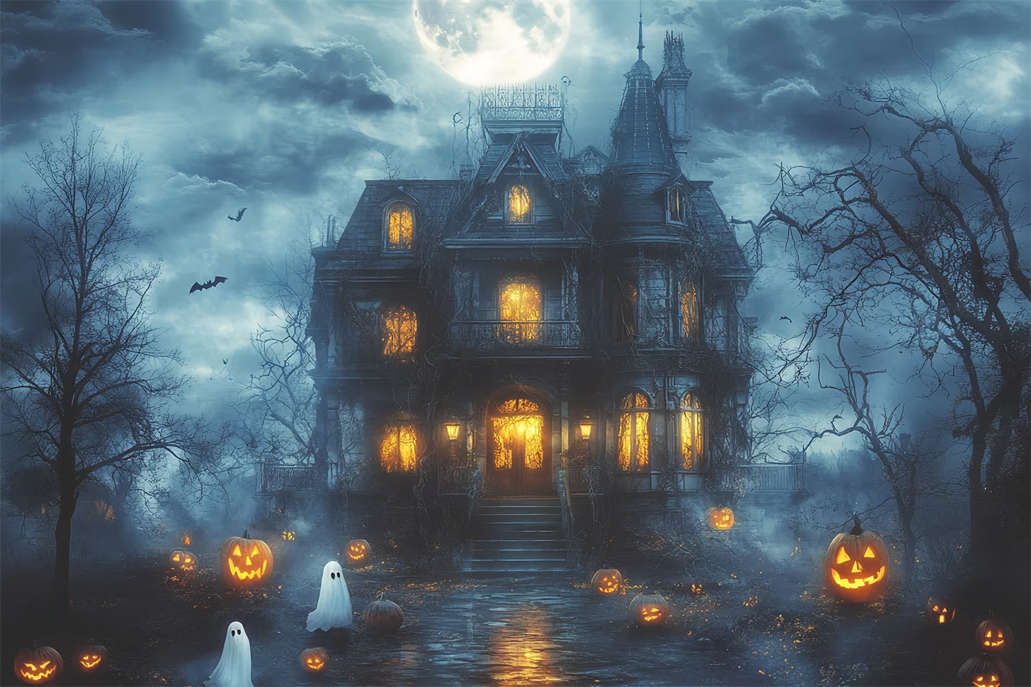 Gespenstische Halloween-Hintergrundkulisse Haunted Moonlight Mansion Hintergrund CSH6-107