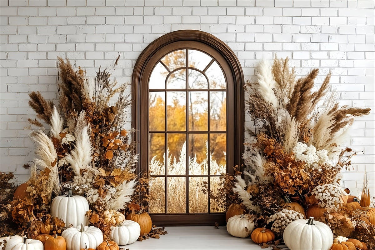 Boho Fotohintergrund Ziegelstein Kürbis Veranda Herbst Hintergründe CSH6-184